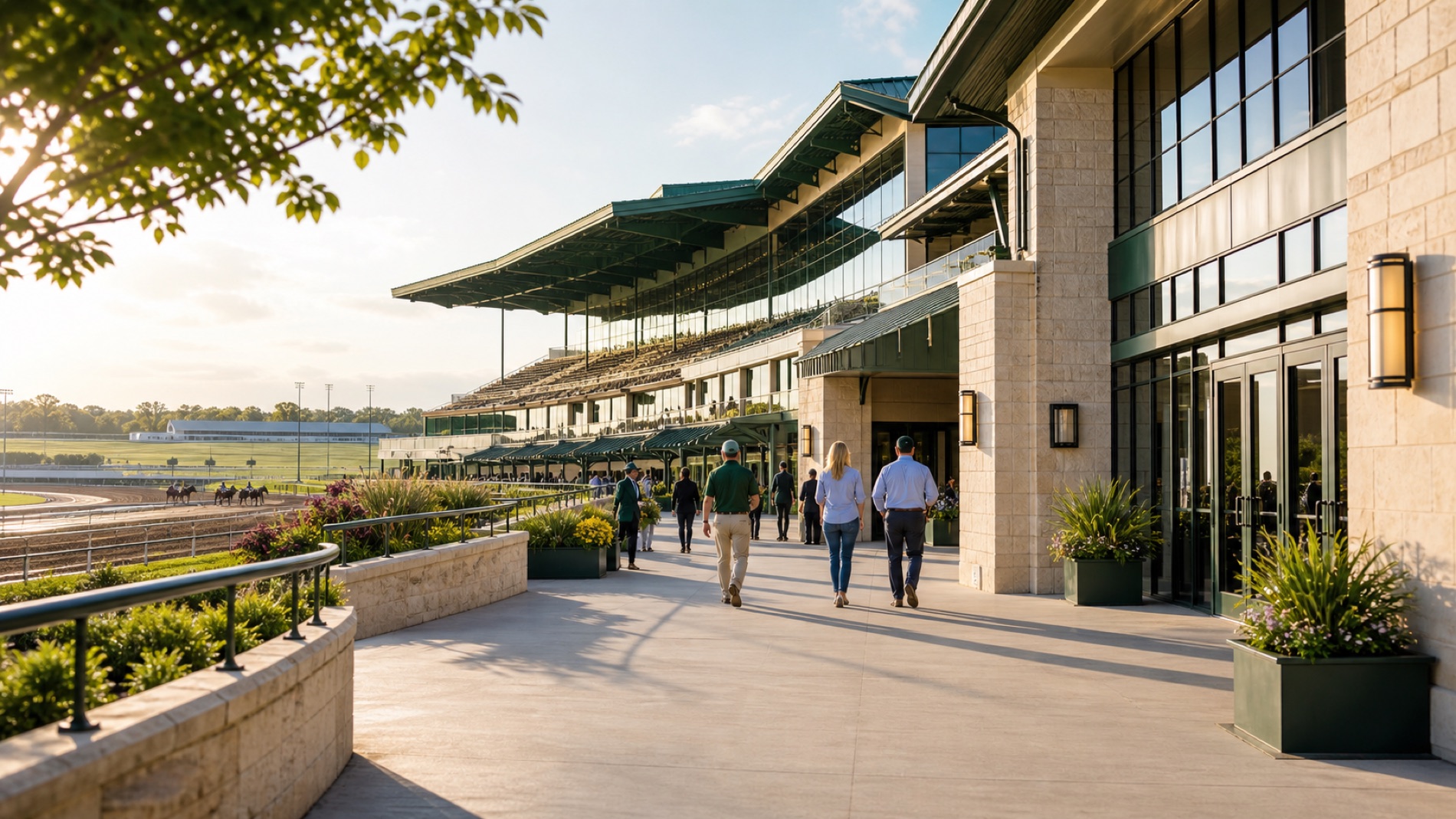 Generated image of a premium Iowa racetrack clubhouse and grandstand concourse.