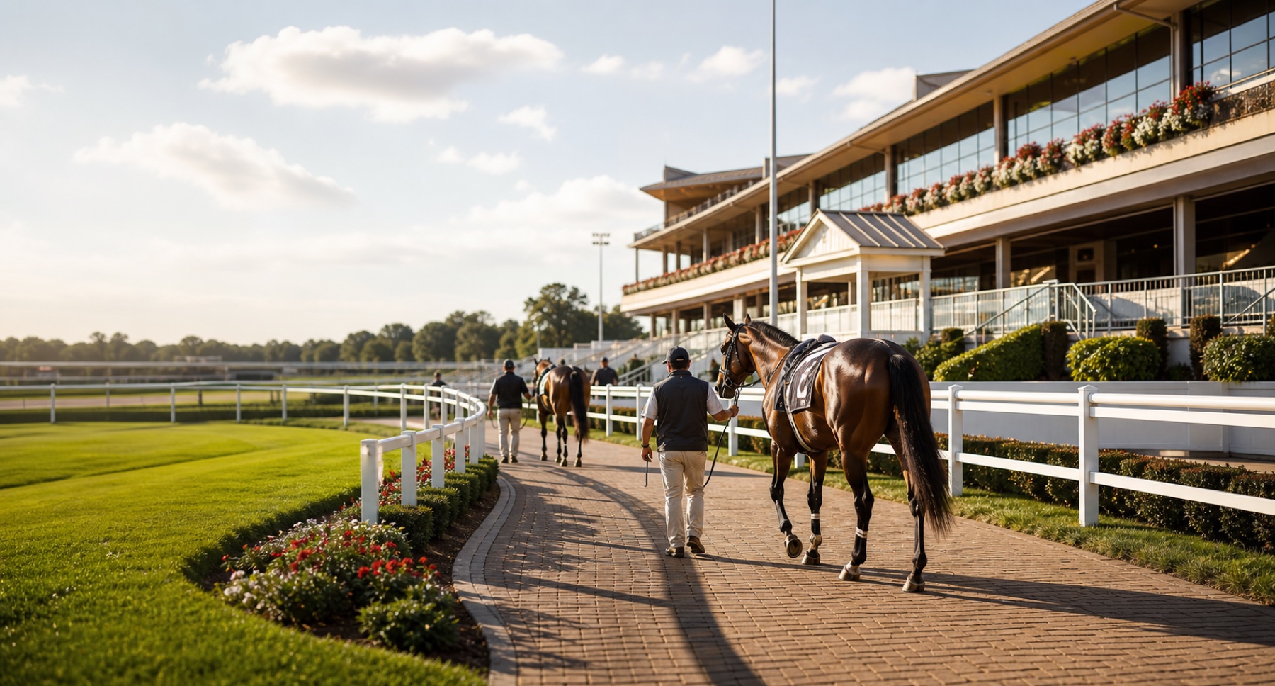 Generated image of a premium racetrack paddock and facility walkway.